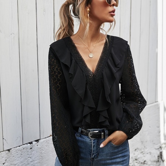 BLack lace ruffle detail v neck long sleeve top - Picture 3 of 6